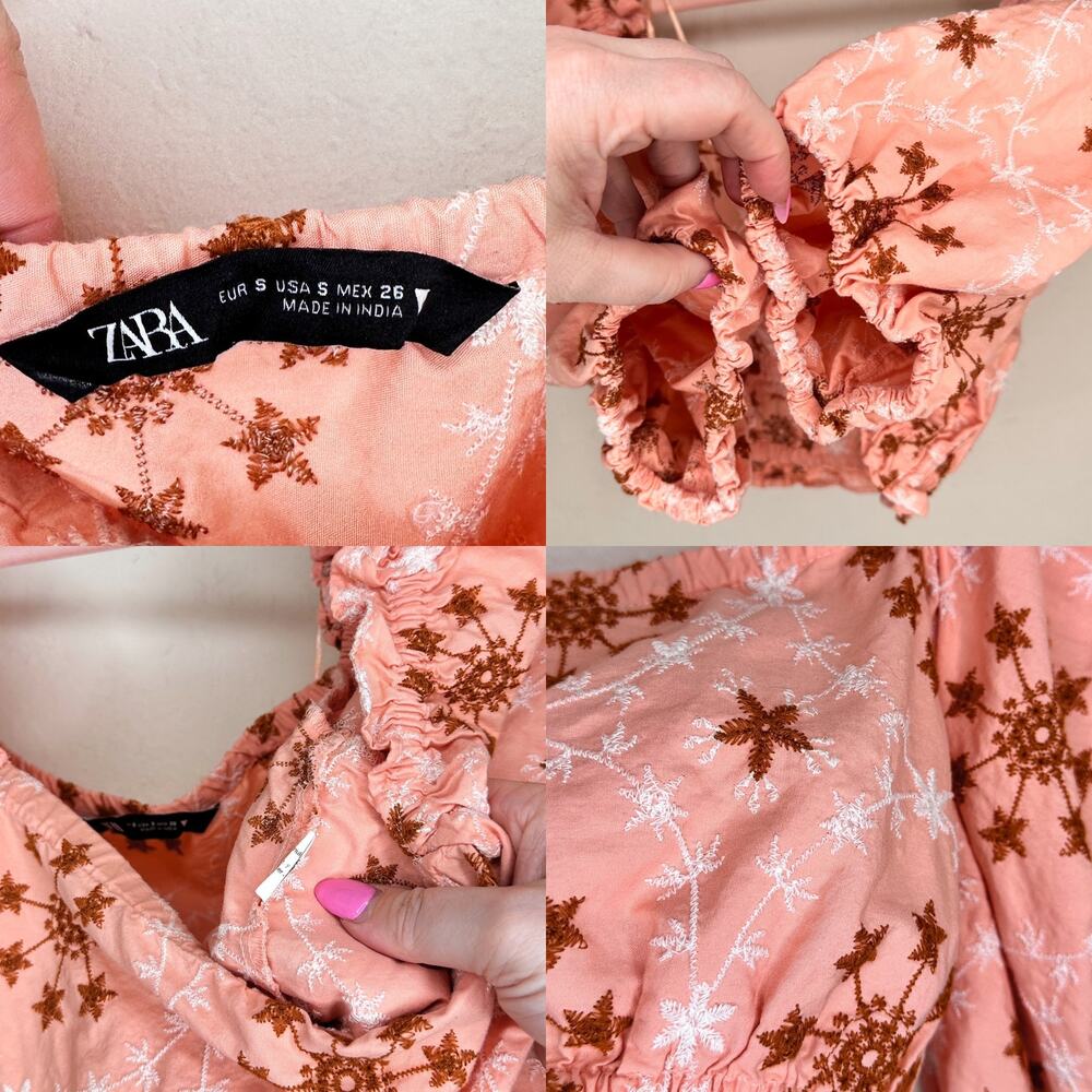 Zara Voluminous Puff Sleeve Floral Embroidered Peach Salmon Pink Crop Top Small - Picture 12 of 13